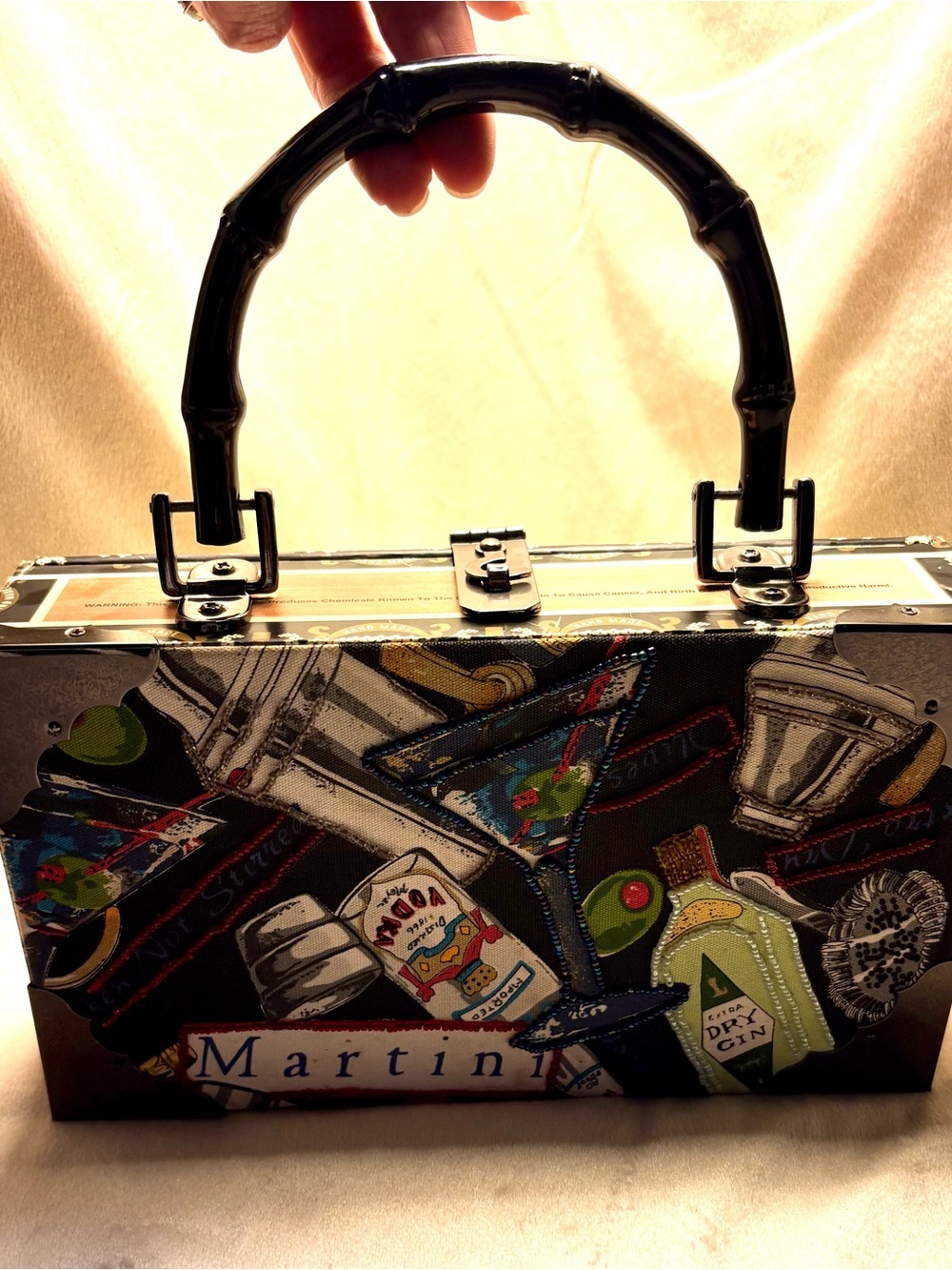 Cocktail Print Box Satchel with Black Bamboo Handle